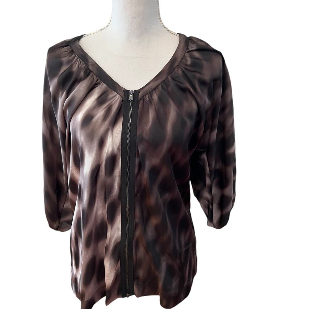 Kenneth Cole Animal Print Zipper Detail Satin Top XS